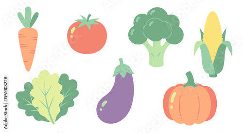 Flat vector illustration of assorted colorful vegetables, healthy food concept
