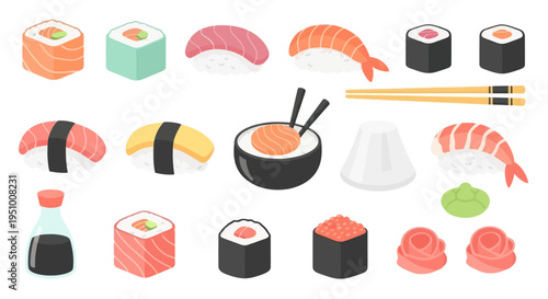 Flat Style Sushi and Japanese Food Vector Illustration