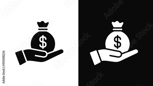 Accounting and financial icons set with money hand symbol on black and white background 