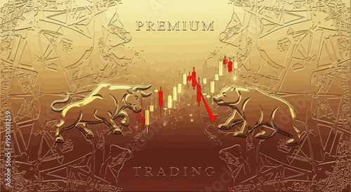 Stock market trading concept illustration with bull bear and charts