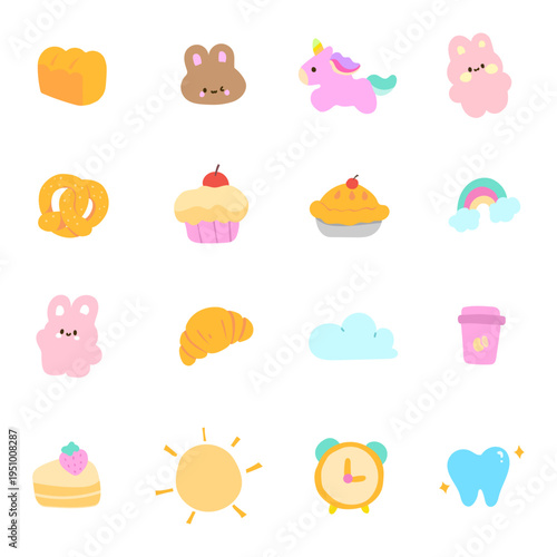 Cute kawaii sticker set with rabbit unicorn bakery bread cupcake rainbow sun cloud coffee and alarm clock in pastel colors hand drawn doodle vector illustration