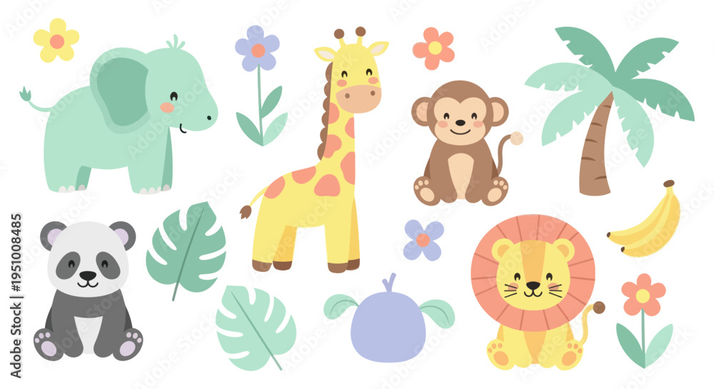Fototapeta premium Cute Cartoon Jungle Animals, Flowers, Palm Tree, Banana - Flat Vector