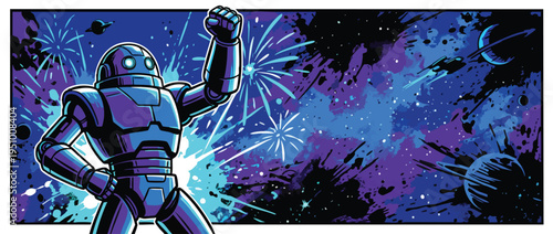 Robot Companion Posing in Space Celebration with Dynamic Heroic Pose