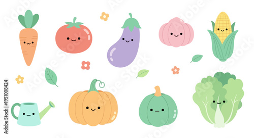 Cute Kawaii Vegetables and Watering Can, Flat Vector Illustration