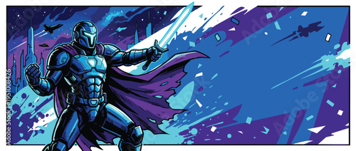 Space Knight Wielding Lightsaber in Heroic Pose on a Galactic Battlefield