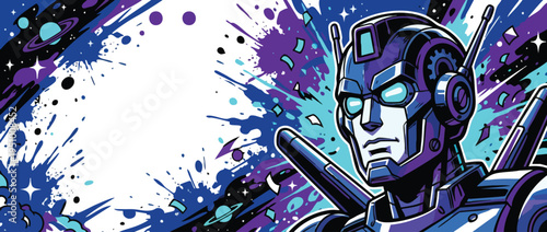 Robot Head Character Posing for a Space Celebration