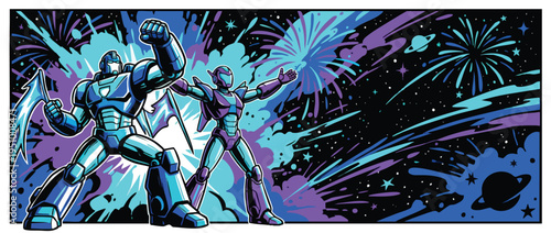 Robot Hero Duo Posing Space Celebration Dynamic Heroic Pose Fantasy