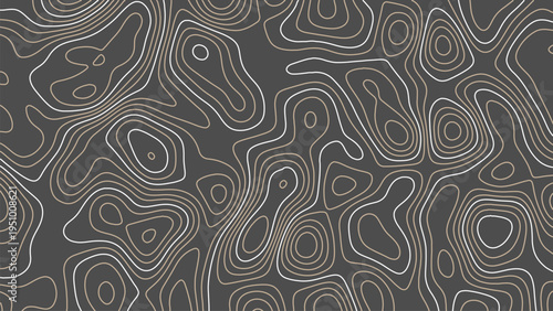 Abstract topographic map design with metallic contours on dark background