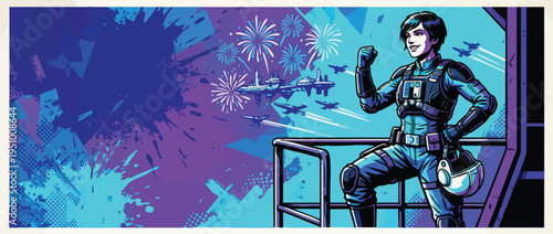 Pilot Posing Confidently in Sci fi Universe with Spaceships and Fireworks