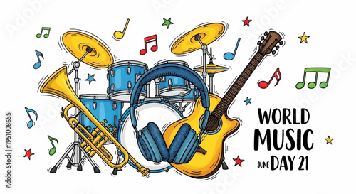 World music day illustration with guitar drum trumpet and headphones on white background with colorful musical notes