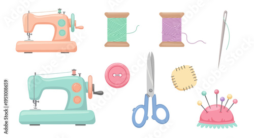 Sewing Tools Vector - Sewing Machine, Scissors, Thread, Needles, Buttons