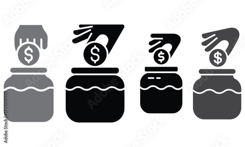 Saving money concept with hand placing coins into jar icons representing investment and financial growth