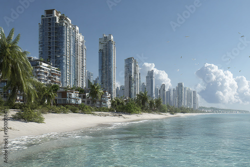 Seaside metropolitan skyline with resort style buildings, palm trees, and clear blue water under bright sky with fluffy clouds and flying birds, creating peaceful coastal atmosphere