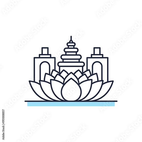 Zen Temple Building Line Art Icon on Lotus Flower