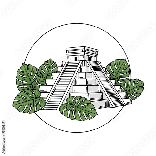 Chichen Itza Pyramid with Tropical Leaves