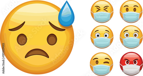 Yellow emojis wearing medical face masks blue white