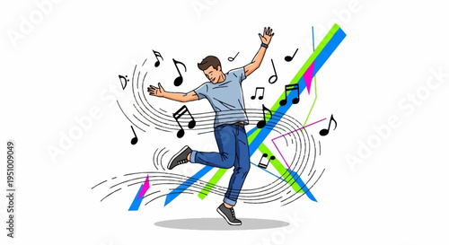 Young man dancing happily with musical notes and colorful lines around him in lively atmosphere