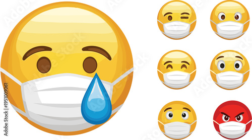 Emojis wearing face masks with various expressions emotions yellow