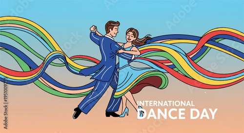 Couple dancing together celebrating international dance day with colorful ribbons flowing behind them