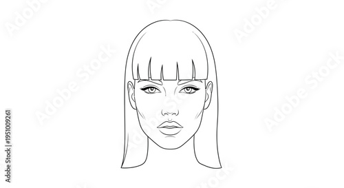 Minimalist Line Art Portrait of a Woman with Bangs and Eyeliner