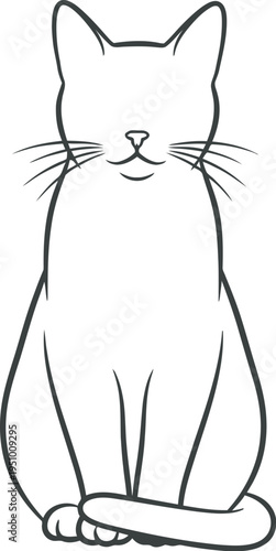 Minimalist black outline illustration of a domestic cat sitting calmly with its tail wrapped around, perfect for elegant pet-themed designs, creative graphics, or a simple animal icon.