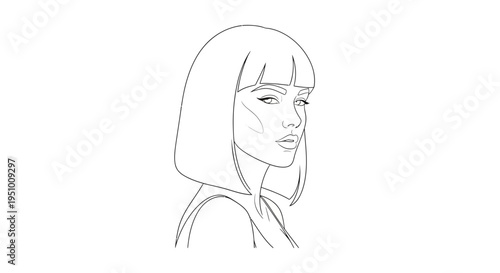 Minimalist Line Art Portrait of a Woman with Bob Haircut and Intense Gaze