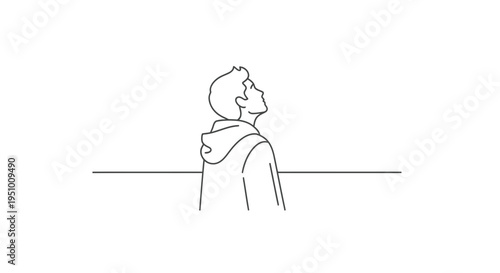 Minimalist Line Art: Young Man Looking Up, Hopeful and Contemplative