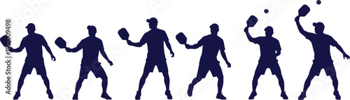 Navy blue silhouette of men playing pickleball silhouettes white background