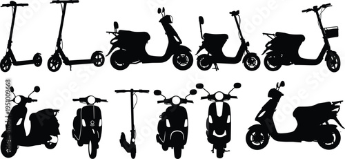 Black silhouettes of various scooters and electric scooters white background