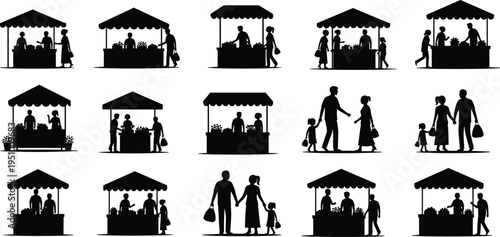 Black silhouettes of people shopping at outdoor market stalls