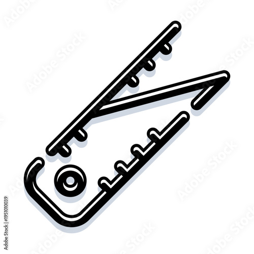 Clothespin clip fastener opening, displaying its gripping mechanism for holding laundry or other items, presented as a universal monoline icon with a subtle shadow and minimalist design