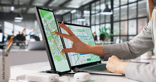 Obraz na plátně Female GIS Specialist Analyzes Digital Maps On Laptop