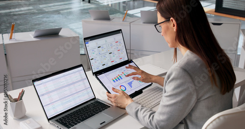 Foto Fintech Specialist Examines Various Financial Dashboards And Reports