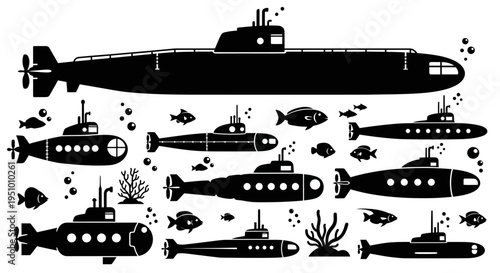 Set of 15 submarine icons vector, black silhouettes