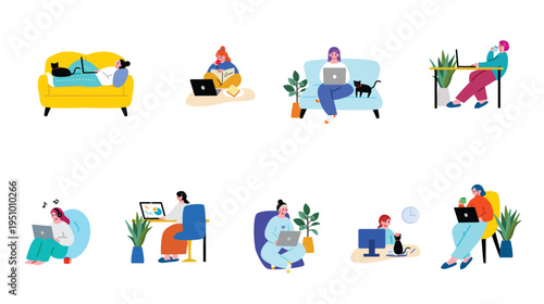 リモートで働く女性のイラストセット