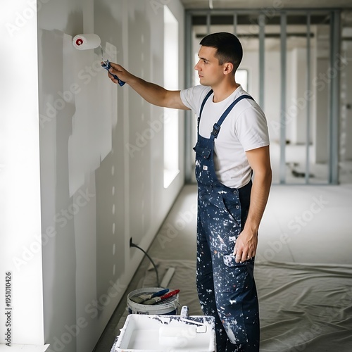 Young craftsman applies fresh coat of paint to interior drywall surface during renovation