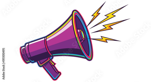 Vector illustration of a purple megaphone with lightning bolts