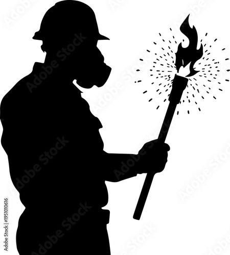 Silhouette of Industrial Worker Wearing Gas Mask and Hard Hat Holding a Burning Torch