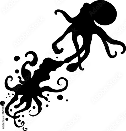 Black Octopus Silhouette Releasing Ink Cloud Vector Graphic Illustration of Marine Life Defense Mechanism on White Background