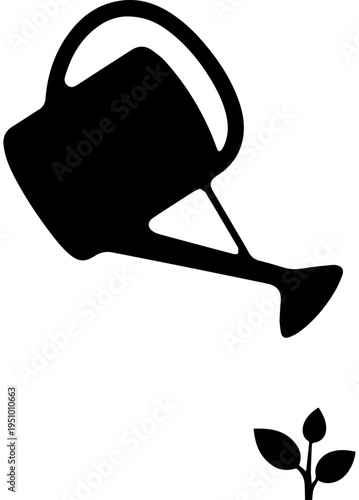 Fotografía Black Silhouette of Watering Can Tilted Over Growing Plant Sprout Vector Illustr