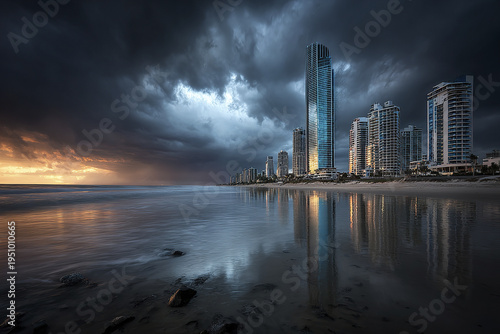Stormy dramatic sky over luxury coastal skyscrapers reflecting on calm ocean water at sunset, creating moody and intense atmosphere with dark clouds and glowing light