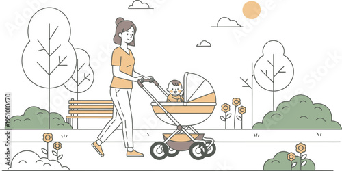 A cheerful young mother enjoys a peaceful outdoor stroll in the park, gently pushing her happy baby in a modern stroller, illustrating a loving bond and beautiful family moments together.