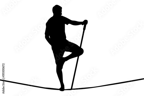 Black Silhouette of a Tightrope Walker Balancing on a Thin Line with a Pole Minimalist Vector Illustration on White Background