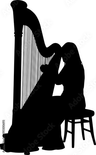 Black Silhouette of a Woman Harpist Playing a Classical Pedal Harp Sitting on a Stool Isolated on White Background