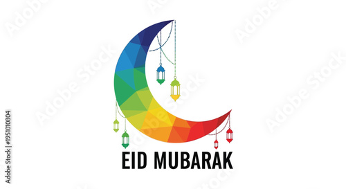 A vibrant crescent moon design with hanging lanterns celebrates the eid al fitr holiday silhouette high quality