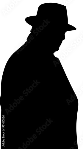 Black silhouette of a man wearing a fedora hat and coat in profile view