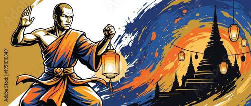 Vesak Day Celebration with Monk Holding Lantern and Temple Silhouette