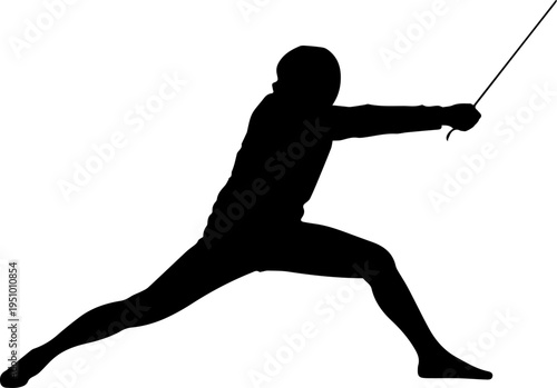 Black Silhouette of a Professional Fencer Performing a Lunge Attack with Sword Isolated on White Background