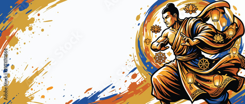Vesak Buddhist Celebration Theme with Dynamic Artwork of Monk and Symbols