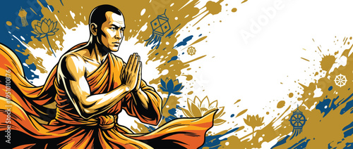 Buddhist Monk in Prayer Adorned with Lotus Flowers and Splashes of Color